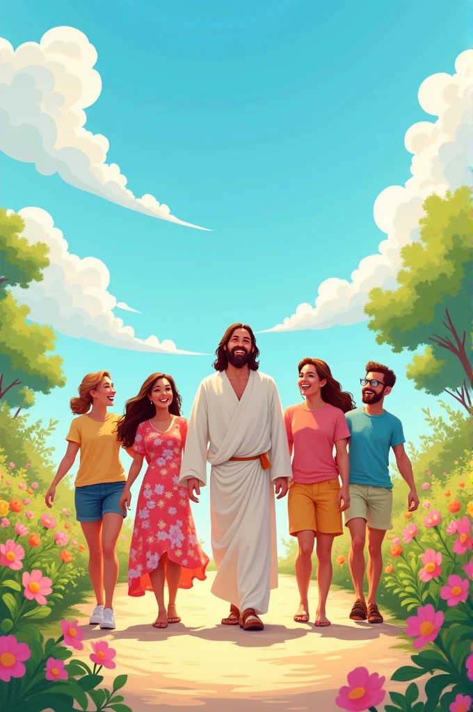 Happy cartoon adults walking with jesu christ. 