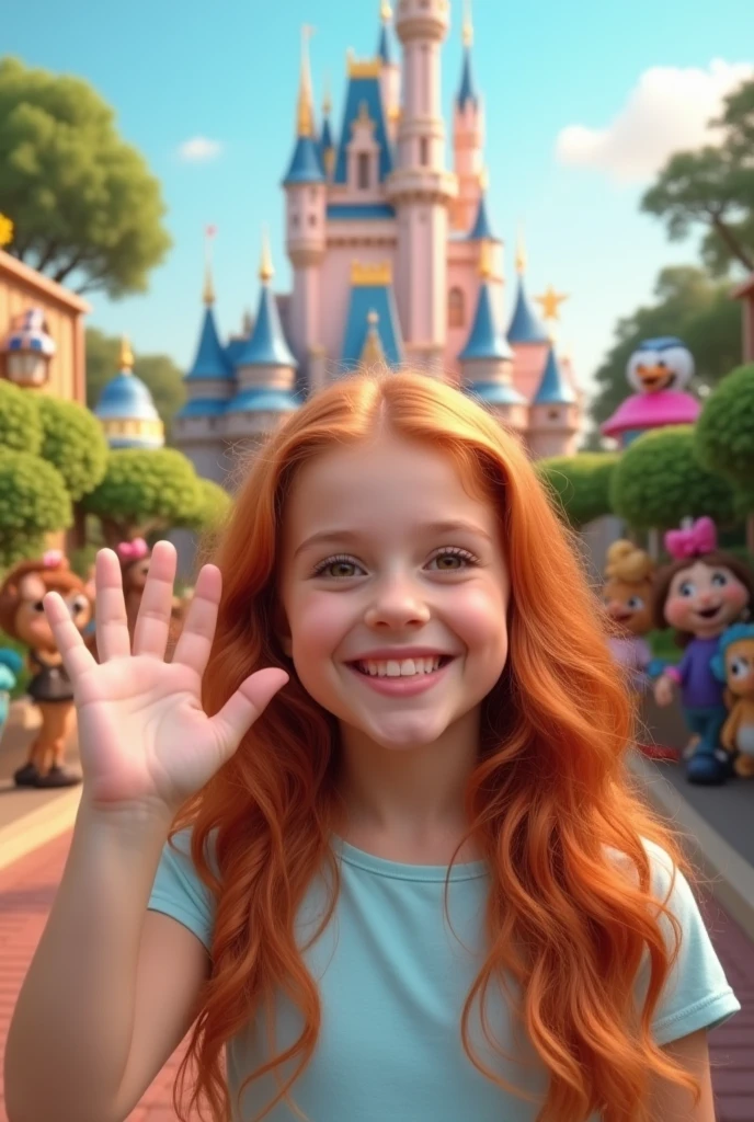 girl with copper hair and brown eyes saying hello disney style

