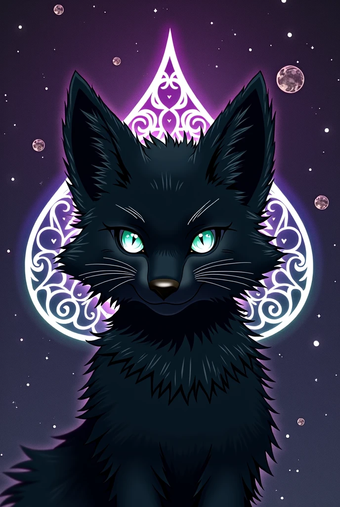Black furry fox face、Rin々facing forward。A background that evokes the feeling of infinity, space, and darkness。Includes a large spade motif。purple base with green accents