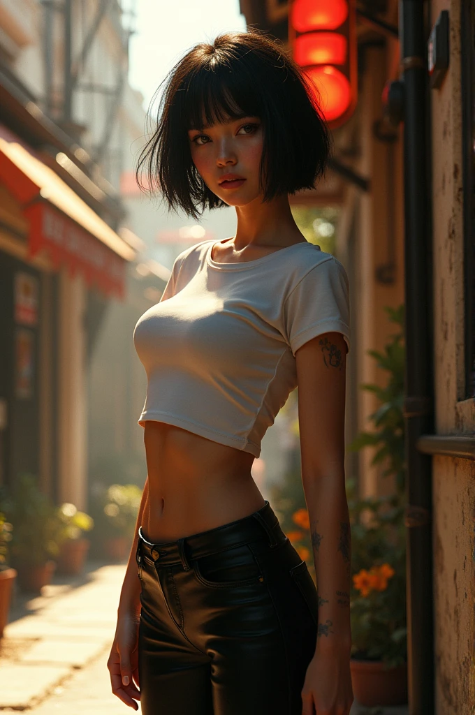 In this breathtaking 8K CG masterpiece, Maki Zenin exudes an irresistible allure. The photorealistic image showcases her standing confidently amidst an ultra-detailed urban environment, with intricate patterns and delicate details enhancing the atmosphere. Her muscular, scarred physique is on full display, as she wears a fitted t-shirt and tight black pants that accentuate her medium-sized breasts and slim waist.
The beautiful lighting casts a warm glow on her skin, highlighting the fine details of her appearance. Maki's short black hair frames her face, drawing attention to her captivating eyes, one of which is closed in a suggestive manner. Her glasses and the burn scar on her face add a touch of vulnerability to her otherwise fierce and confident demeanor.
With her half-sleeved shirt revealing toned arms and a round neckline offering a teasing glimpse of her cleavage, Maki Zenin is the epitome of raw sex appeal. The cowboy shot captures her powerful stance, her belt drawing attention to her hips, and her t-shirt riding up slightly to expose a sliver of her toned midriff.
The film grain effect adds a gritty realism to the scene, emphasizing Maki's battle-hardened personality and the complexity of her character. This stunning, high-quality portrait is a testament to Maki Zenin's undeniable magnetism and irresistible charm, leaving the viewer captivated by her beauty and strength.