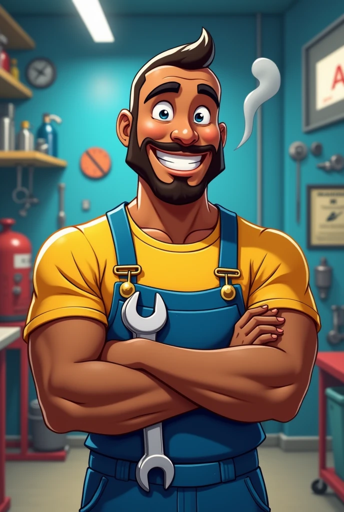 Create a cartoon style brown man with no hair and a close shave (to do), holding a wrench and with your free hand positioned on your waist,without being muscular