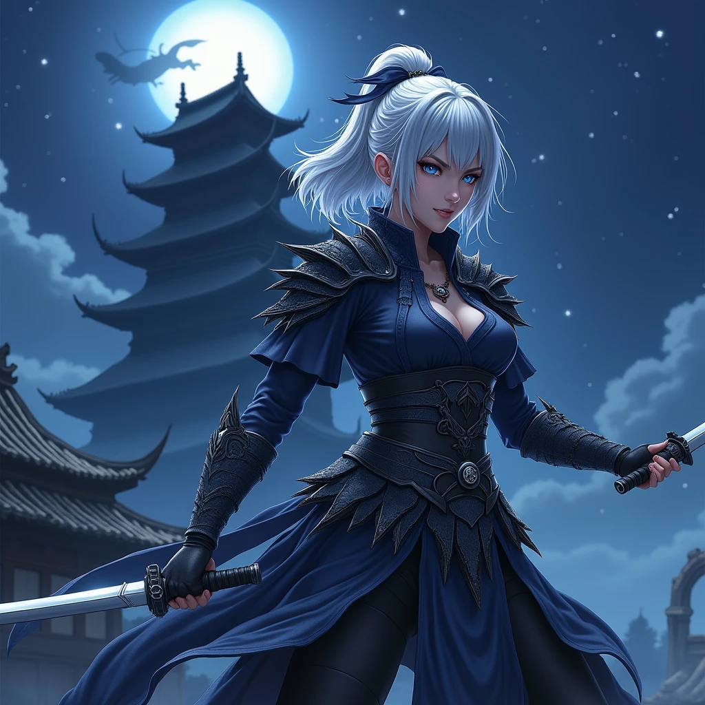Silver-haired armored kunoichi, blue eyes with aggressive stance wielding dual ninja-to wearing black and dark blue Japanese ninja armor on Japanese castle roof against night sky and shadow of black tiger