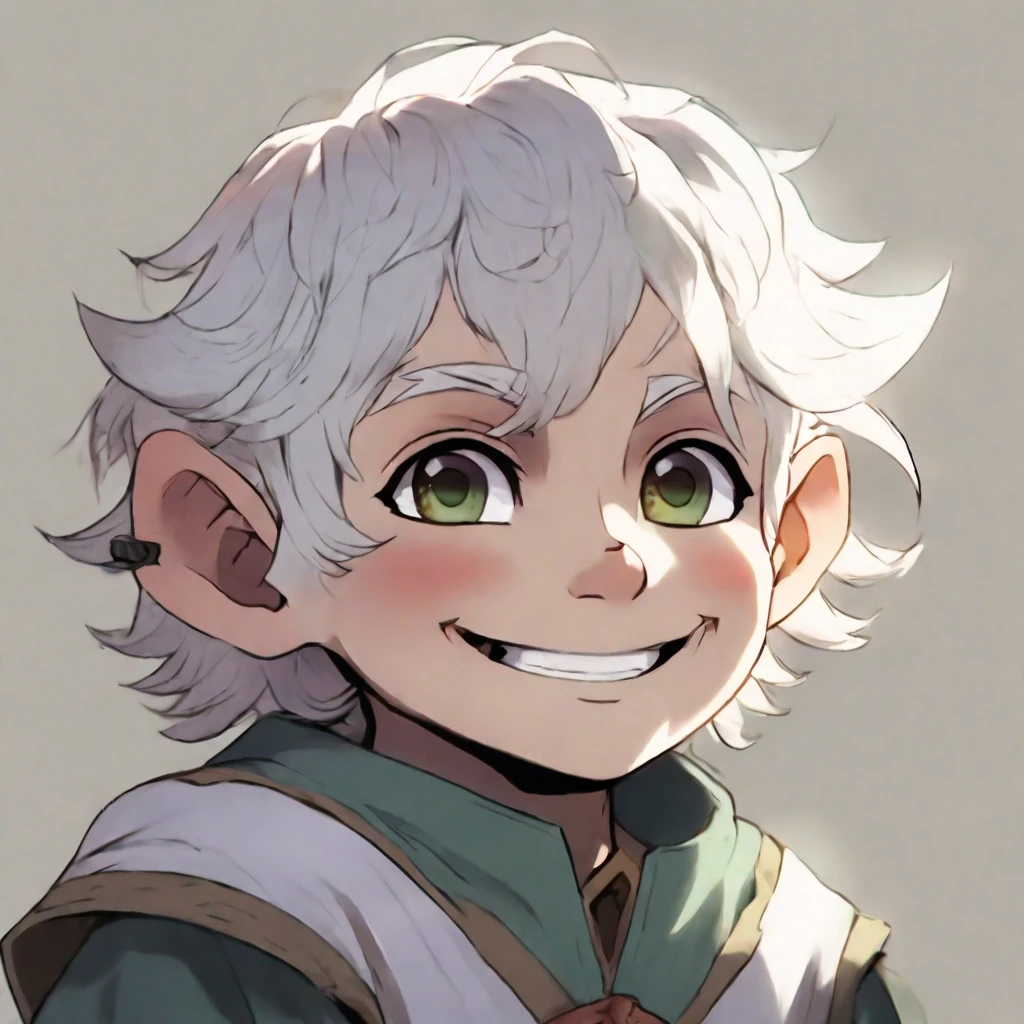 Halfling man, white hair, hazel eyes, pale, character portrait, smile, anime style, anime