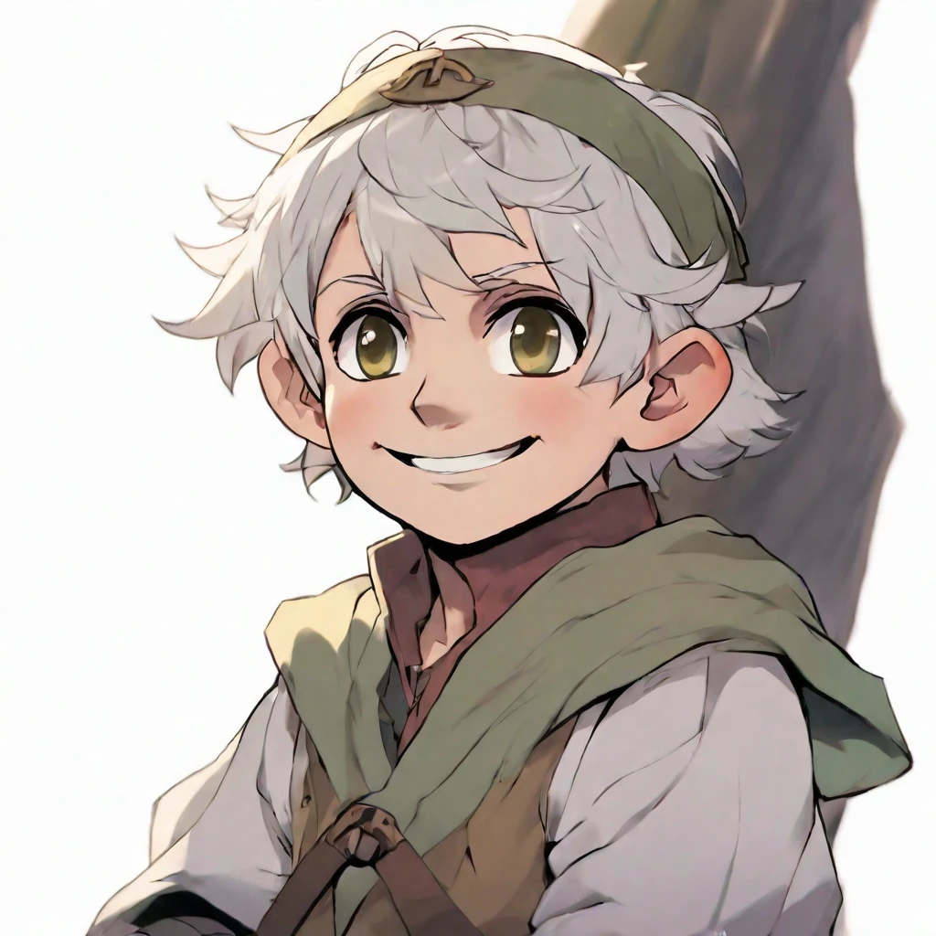 Halfling man, white hair, hazel eyes, pale, character portrait, smile, anime style, anime