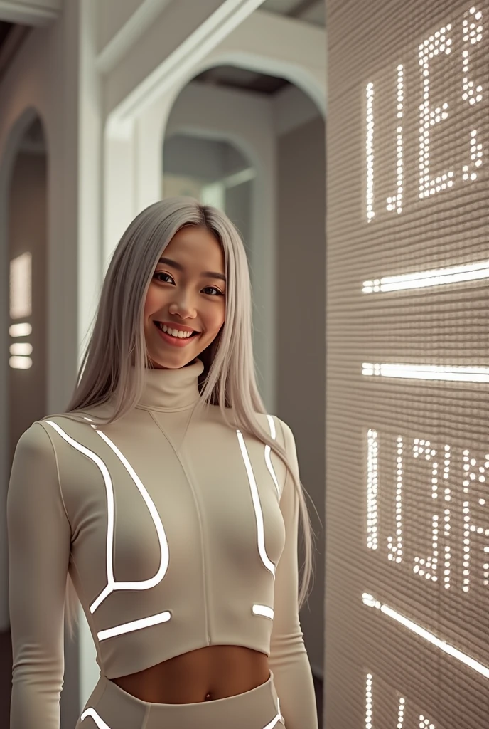 (Browsing Caution:1.5), masterpiece, Highest quality, Ultra-realistic, Avant-garde, A mysterious and sophisticated young Japanese woman with blue eyes、Wearing tight fashion art. She is standing in a selfie wide angle。, Her whole body is in the frame. Her costume includes、Multiple elastic white LED harnesses are designed underneath、And lead the hem, Add a minimalist aesthetic. Her manner exudes harmony and striking simplicity.. Very small head and face, Happy, Wide duck mouth, Mouth half open, Perfectly aligned teeth, perfect beautiful teeth, Bright Blue Eyes, Half-open eyes, Shiny droopy eyes, Gray Hair, Look for others, She is located inside a futuristic colony, break (Very small waist:1.2), (Huge breasts, Cleavage, Big Ass:1.5),Long Hair, Center parted hair、