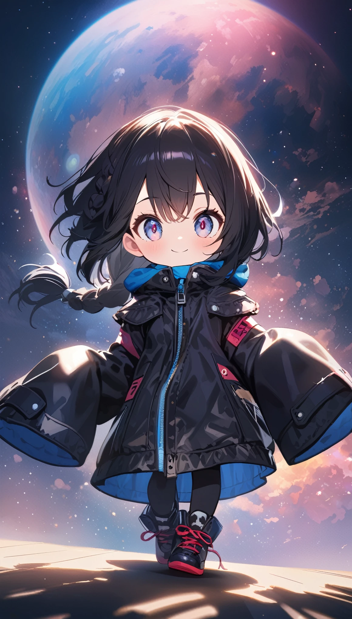 quality\(masterpiece, best quality,8k,wallpaper of extremely detailed CG unit,hight resolution,top-quality,top-quality real texture skin,hyper realisitic,increase the resolution,RAW photos,best qualtiy,highly detailed,the wallpaper\), BREAK ,1girl\(chibi,super cute, adorable, kawaii,small ???,5 years old,chibi,big smile,cute smile,wearing jacket\(leather\(very detailed\),(black:1.3),(((very big))),too big,smooth, shiny,over long sleeves,(sleeves past fingers:1.4),long sleeves,\),weaing only jacket,full body,big eyes,cosmic eyes,long hair\(cosmic hair,braid hair,\)\), BREAK ,background\(at fashion studio,flowers\((black:1.3),many kinds of flowers,beautiful\),best lighting,\),flom below