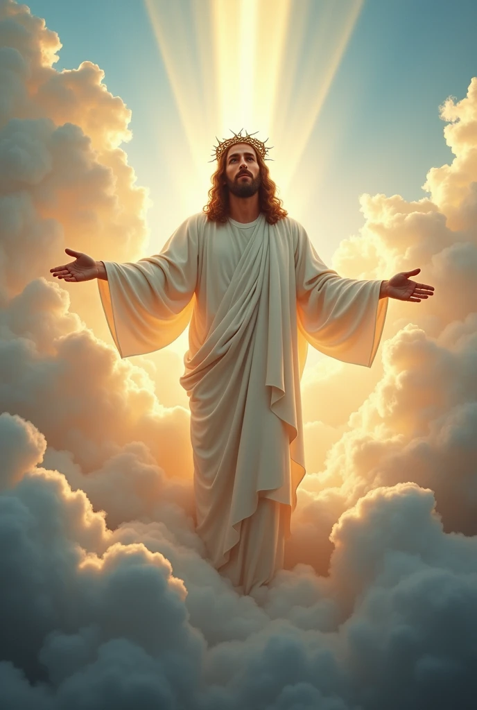 "Jesus, crowned with thorns, majestic and serene, stands high in the clouds of heaven. His gaze is one of compassion and wisdom, directed toward the Earth. The scene is enveloped in a heavenly luminosity, with soft clouds and rays of light highlighting His presence. The background is a vast and ethereal sky, conveying a sense of peace and spirituality."