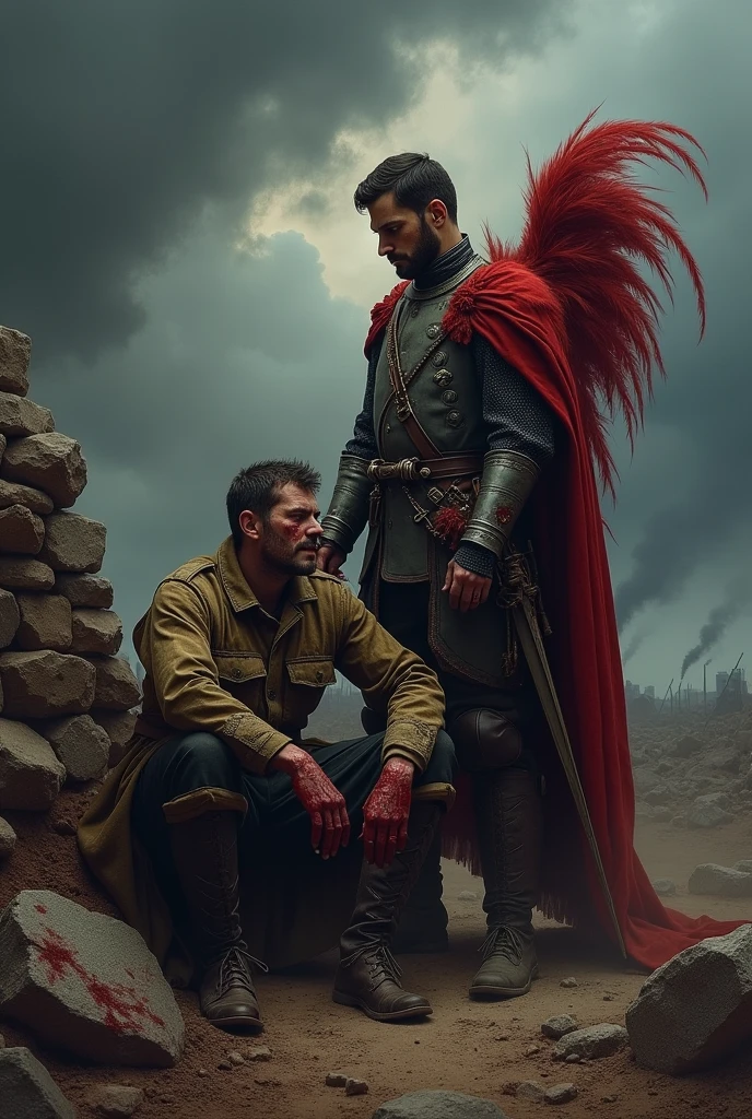 Scene:
- *Background*: Deep, dark tones, with a gloomy, stormy sky dominating the background. The background should suggest destruction or a battlefield, with shadows of ruins or dead trees.
- *Wounded Soldier*: He is sitting on the ground, leaning against a piece of wall or stone. He is wearing a torn, bloodstained uniform, and his face shows pain and exhaustion. Blood is seeping from his wound, and his hands are dirty with earth and blood. The soldier might be depicted with closed eyes, as if struggling against losing consciousness, but with a shadow of determination on his face.
- *Polish Hussar*: He stands next to the soldier, proud and upright, dressed in full hussar armor with an impressive feathered helmet. One hand rests on the wounded soldier's shoulder, giving him comfort. The hussar’s face is stern, but full of compassion and strength, and his posture suggests readiness to fight.
Color Palette:
- *Main Colors*: Dominated by dark, muted tones—mostly browns, blacks, murky greens, and deep reds. The overall mood should be somber and dark.
- *Lighting*: Minimal, barely visible light source highlighting the faces of the characters, emphasizing their emotions and the details of the hussar’s armor.