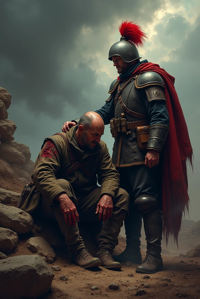 Scene:
- *Background*: Deep, dark tones, with a gloomy, stormy sky dominating the background. The background should suggest destruction or a battlefield, with shadows of ruins or dead trees.
- *Wounded Soldier*: He is sitting on the ground, leaning against a piece of wall or stone. He is wearing a torn, bloodstained uniform, and his face shows pain and exhaustion. Blood is seeping from his wound, and his hands are dirty with earth and blood. The soldier might be depicted with closed eyes, as if struggling against losing consciousness, but with a shadow of determination on his face.
- *Polish Hussar*: He stands next to the soldier, proud and upright, dressed in full hussar armor with an impressive feathered helmet. One hand rests on the wounded soldier's shoulder, giving him comfort. The hussar’s face is stern, but full of compassion and strength, and his posture suggests readiness to fight.
Color Palette:
- *Main Colors*: Dominated by dark, muted tones—mostly browns, blacks, murky greens, and deep reds. The overall mood should be somber and dark.
- *Lighting*: Minimal, barely visible light source highlighting the faces of the characters, emphasizing their emotions and the details of the hussar’s armor.