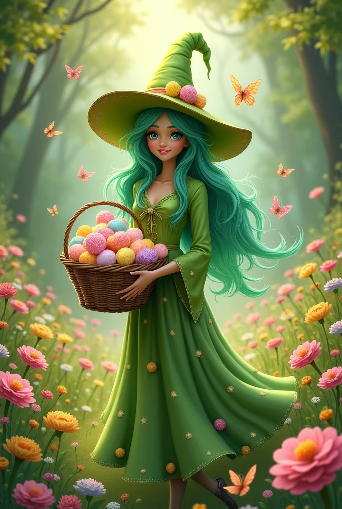 Friendly green witch with candy