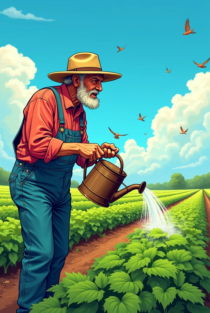 image of an old farmer watering the plantation in comics