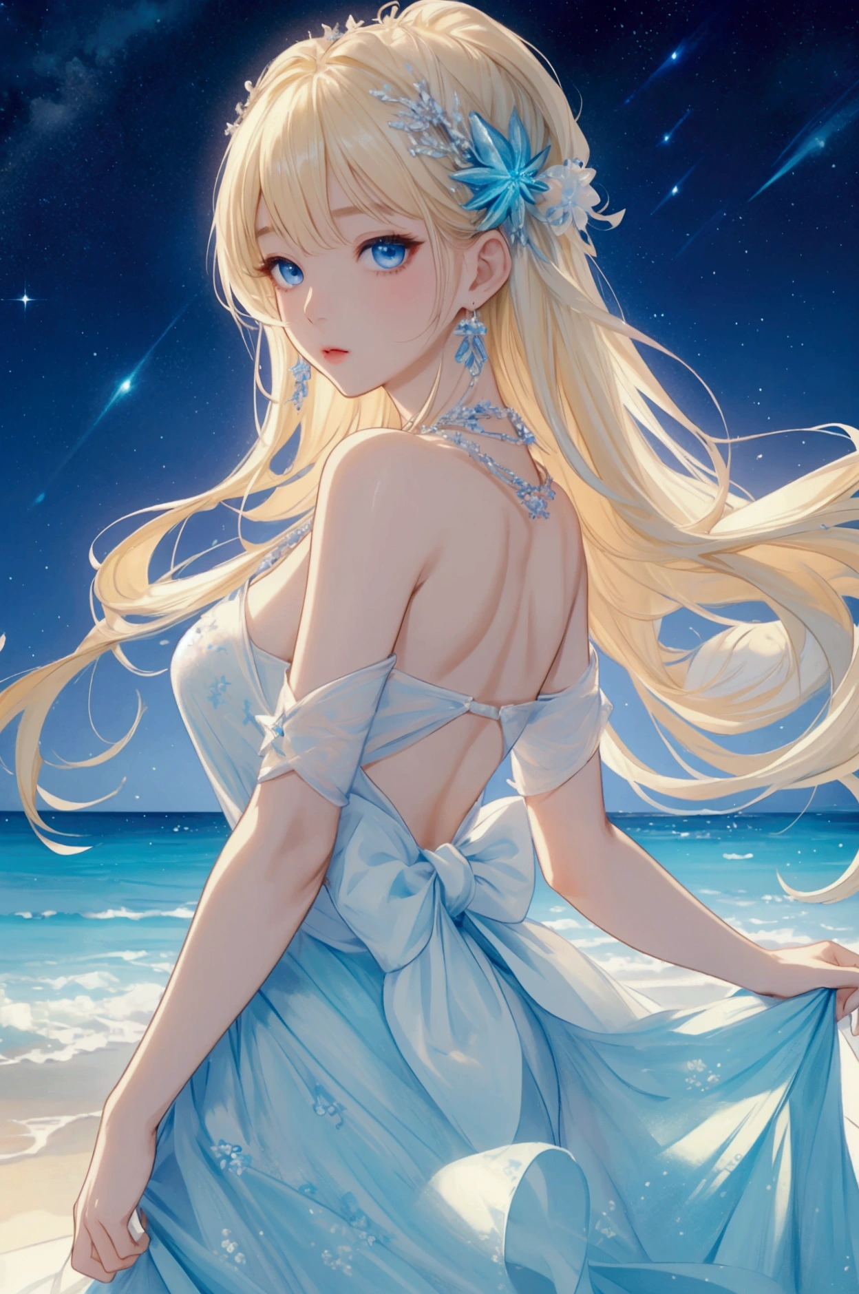 (masterpiece、Highest quality、8k、High resolution)、(The best beautiful girl)、Best Style、(The most beautiful face)、Clear skin、Clean blue eyes、Beautiful lips、Beautiful nose、Blonde Hair、Ample breasts、Walking on the sand、look back、The line of the buttocks is round and beautiful.、Ocean、You can see the forest、A bright night with stars visible、Beautiful starry sky、milky way、(体whole bodyから神秘的な光の粒子、Colorful Light)、The face looks beautiful、(jewelry、necklace)、dress、(whole body)、Highly detailed anime art、A complete portrayal、