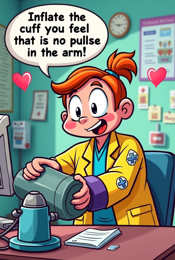 The character is shown inflating the cuff with a pump. A speech bubble says: "Inflate the cuff until you feel that there is no pulse in the arm.." cartoon