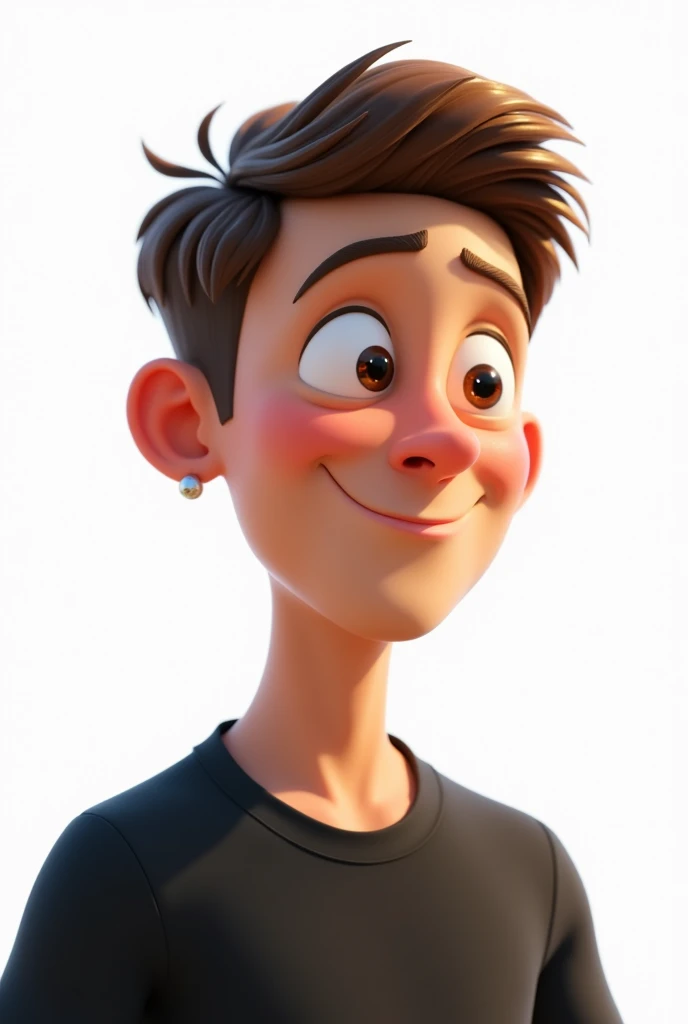 create a pixar-style 3d image with a clean white background of a 33 year old man , beardless white skin , Brown eyes , Short barber style haircut with small round earrings in the ear and a black t-shirt looking half-profile to the right with a funny expression .