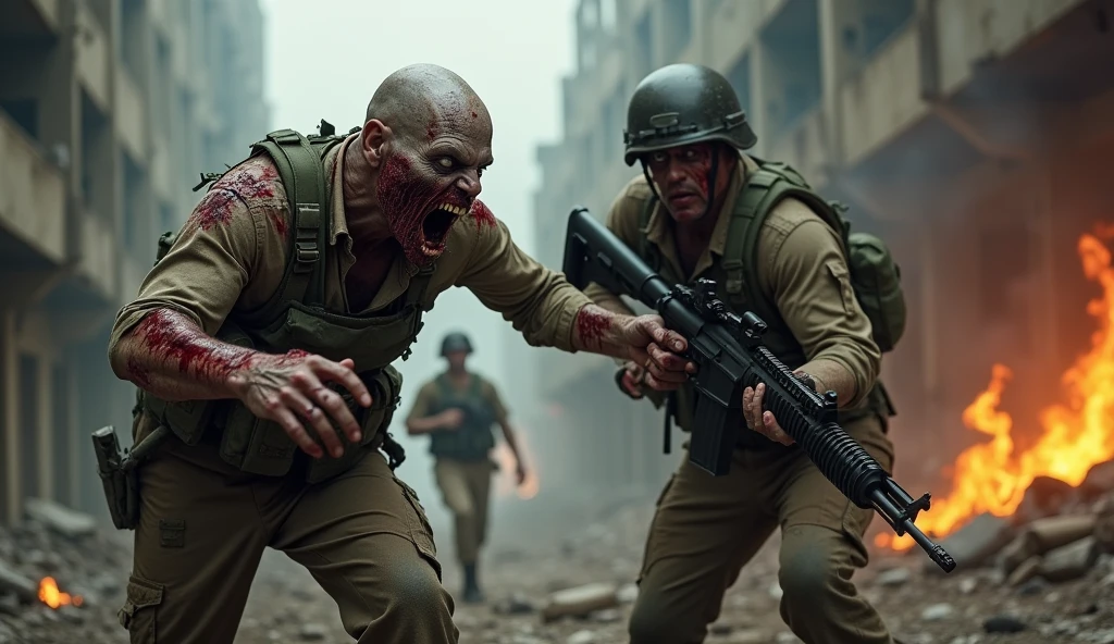Make photo of zombie coming to kill add soldier that fighting with them realistic