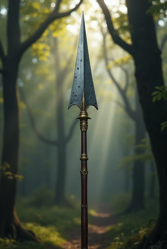 Silver-colored spear with a deep brown handle with golden notches and a long, wide, shiny gray edge.