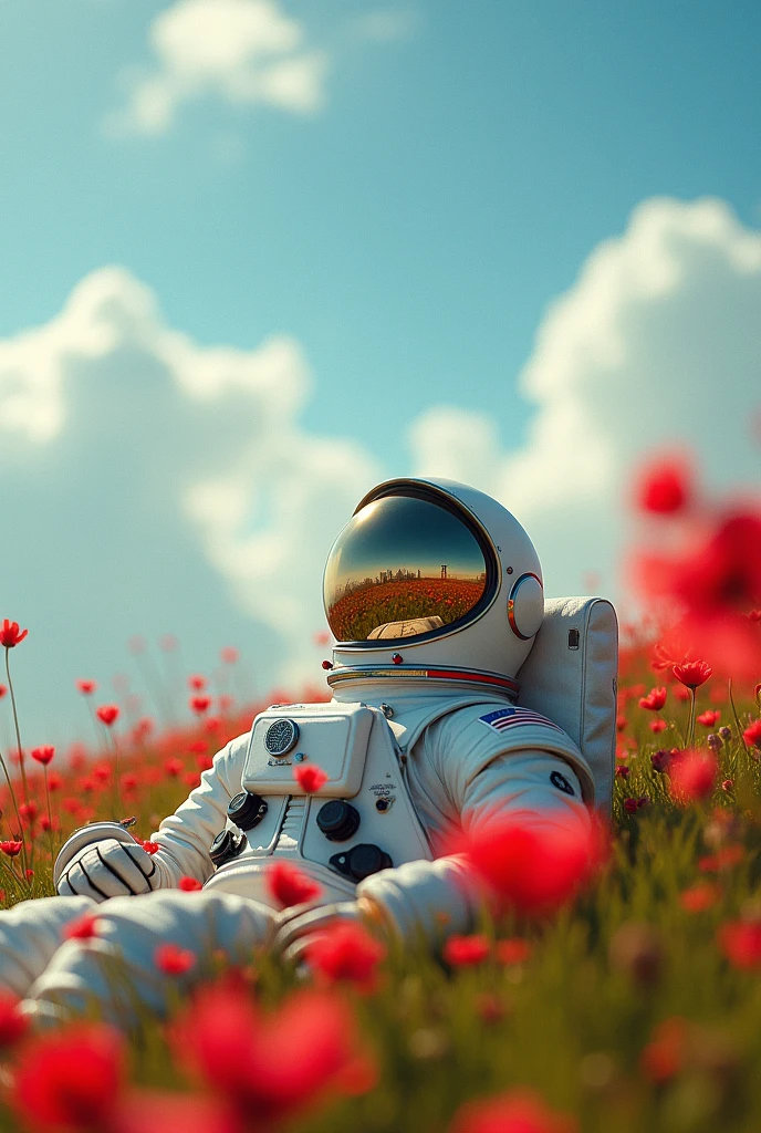 astronaut lying face up in a meadow full of red flowers