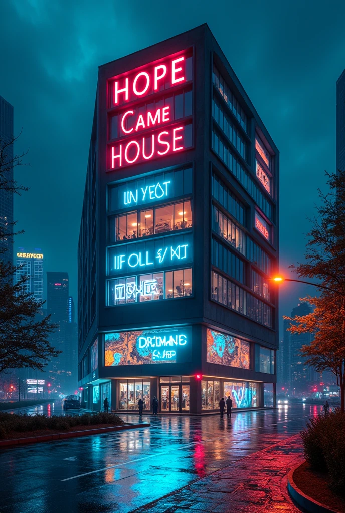 Make an cyberpunk care house and The care house will have paradoxical vibus written on it. also this picture should in night. And picture should be Length 9 Width 16
