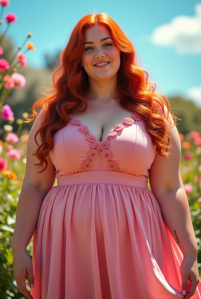 A beautiful, fat woman with long, red hair, cheeks full of freckles and red. Dressed in a pink tulip flared dress that makes her hips really pop .