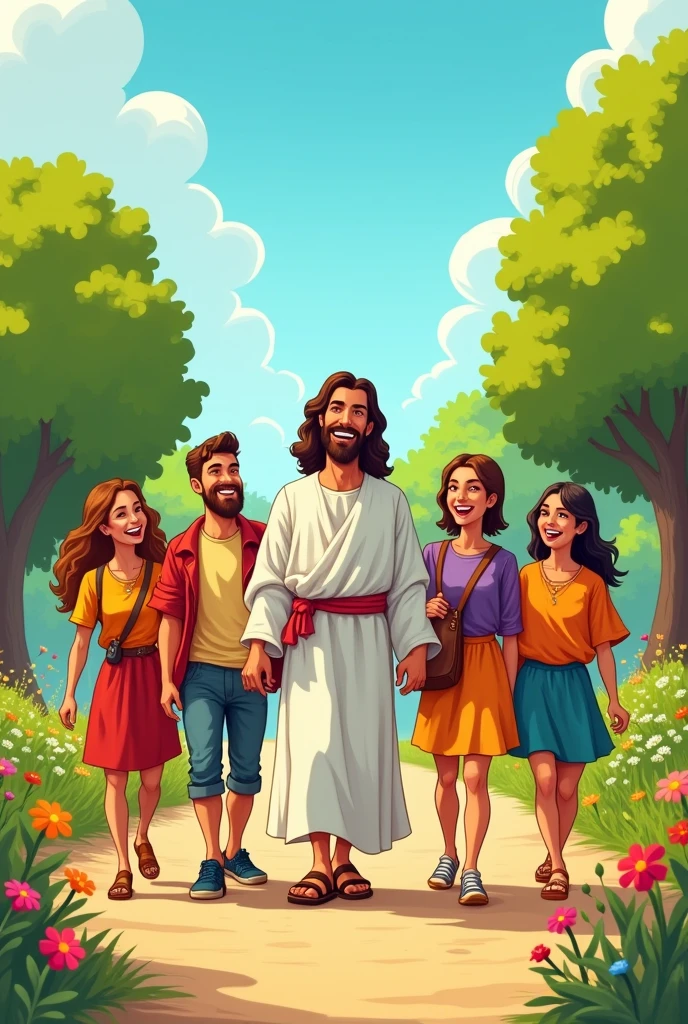 Happy cartoon adults walking with jesu christ. They are learning to walk on a road .