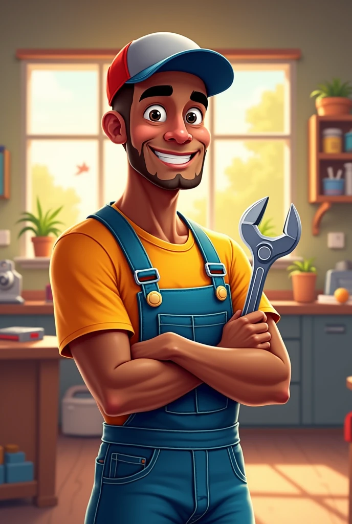 Create a cartoon style brown man with no hair and a close shave (to do), holding a wrench and with your free hand positioned on your waist,without being muscular, make him with a cap,being about 40 years old