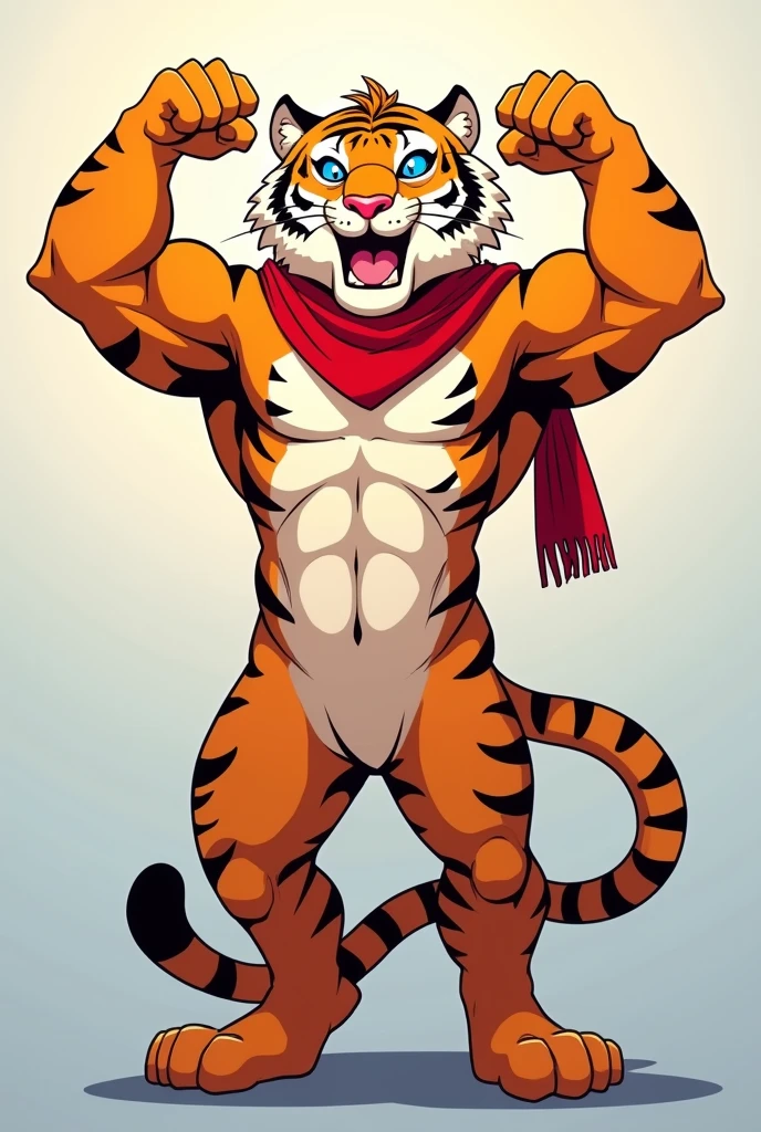 Tiger, furry, tony, zucaritas, adult, sexy, bara, muscle ,flat background, (soft shading), 8k, masterpiece, half body eyes blue, nose blue, scarf short red, anime style, gay, arms raised, armpit hair, seductive look