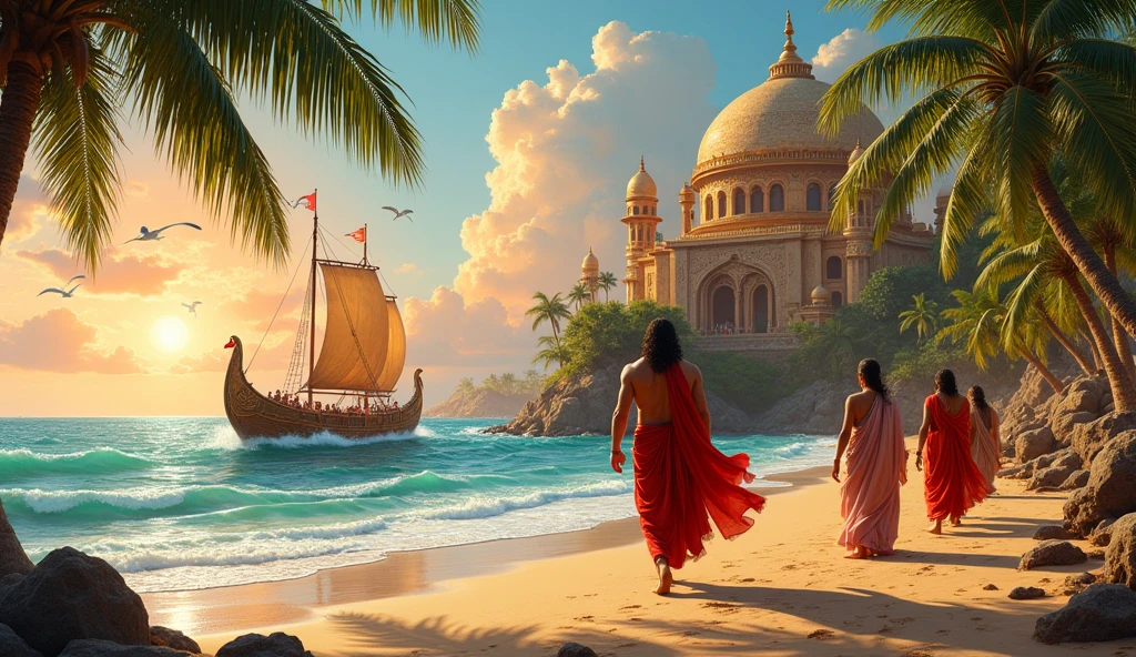 Generate a high quality scene on an india seashore near king palace ,king is read to travel into sea while indian qween is saying bye to king , the indian king having bodybuilder physic and long hairs ordering his all male servents to follow and accopany him towads
ship walking with excietment the only male servents with visible king face king is walking towards the ship outside the palace standing front of palace and ship is ready to travel with king and servents to travel