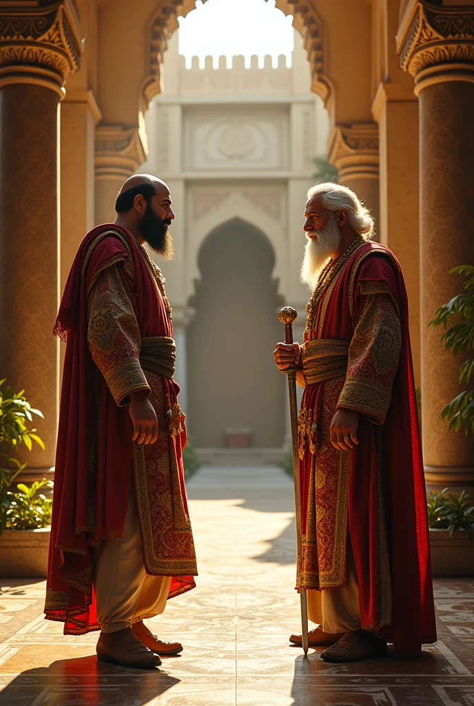 Create for me the story of the book of Esther of Haman with Mordecai the Persian General with a well-groomed white beard in his clothes walking with a sword with a haughty look in the background the courtyard of the palace of the king of Persia