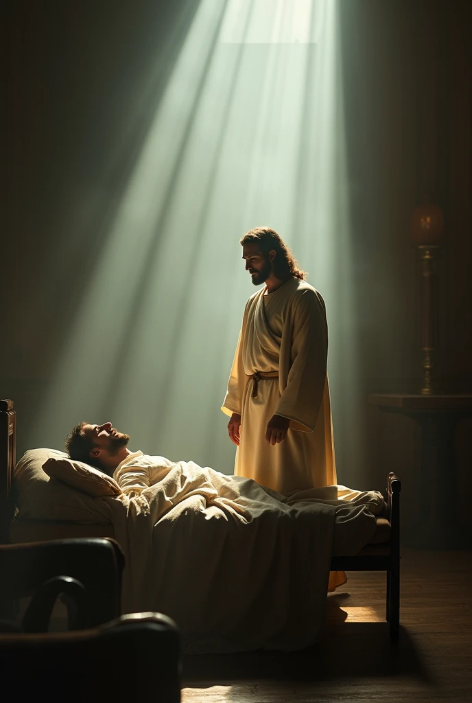 Jesus christ standing inside the room of a laying sick man and jesus christ with volumetric light and smoke incircle his whole body