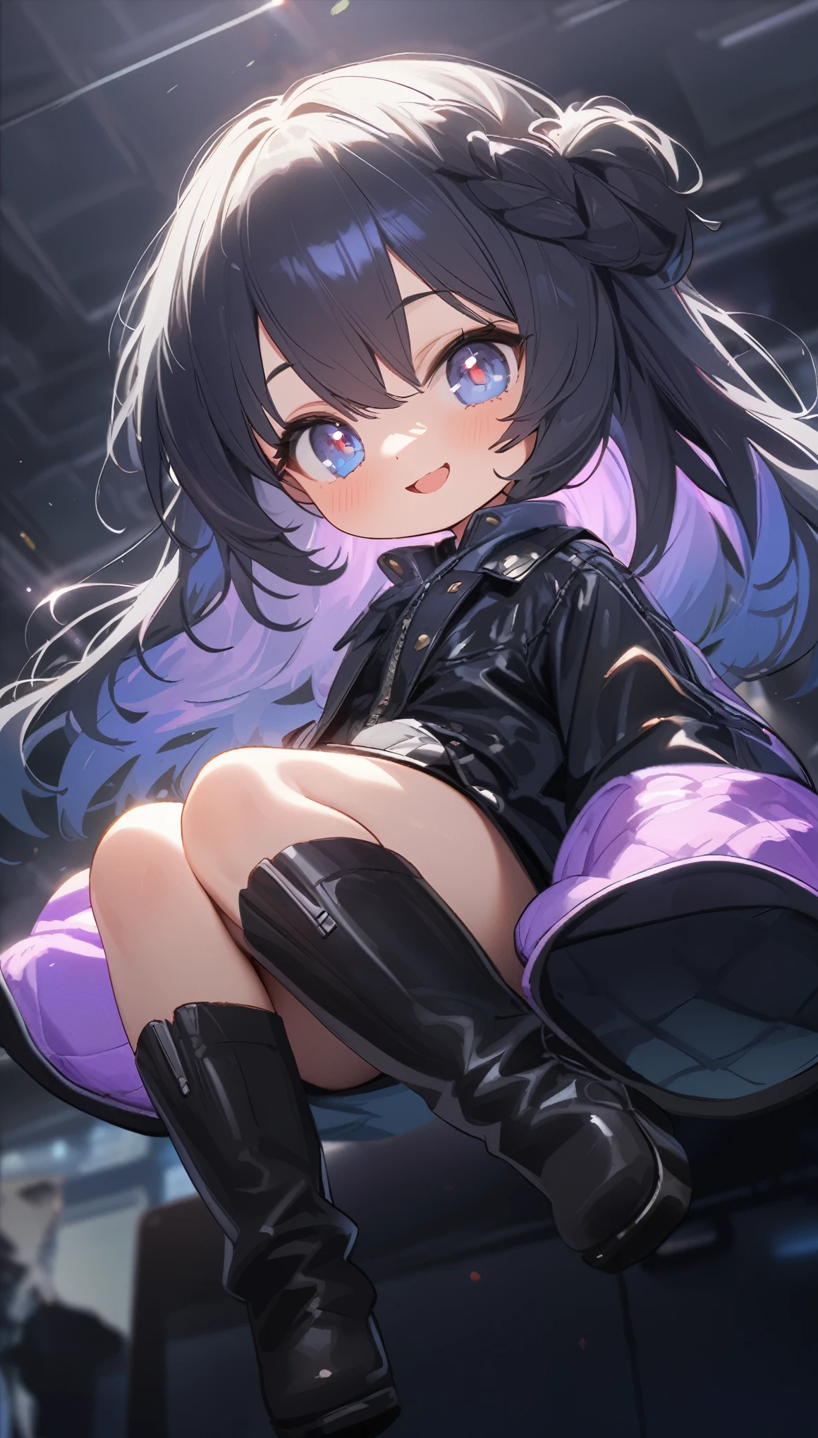 quality\(masterpiece, best quality,8k,wallpaper of extremely detailed CG unit,hight resolution,top-quality,top-quality real texture skin,hyper realisitic,increase the resolution,RAW photos,best qualtiy,highly detailed,the wallpaper\), BREAK ,1girl\(chibi,super cute, adorable, kawaii,small kid,,chibi,big smile,cute smile,wearing jacket\(leather\(very detailed\),(black:1.3),(((very big))),too big,smooth, shiny,over long sleeves,(sleeves past fingers:1.4),long sleeves,\),weaing only jacket,full body,big eyes,cosmic eyes,long hair\(cosmic hair,braid hair,\)\), BREAK ,background\(at fashion studio,flowers\((black:1.3),many kinds of flowers,beautiful\),best lighting,\),flom below