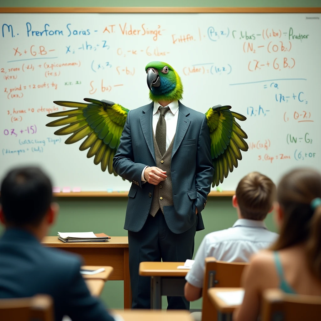 A parrot, the parrot is the teacher, He's in a suit and tie, his arms are his wings, like Zé carioca, he is a university professor and is in a classroom teaching foolish young humans. On the whiteboard there are several physics formulas. It's not a macaw, it's a parrot!