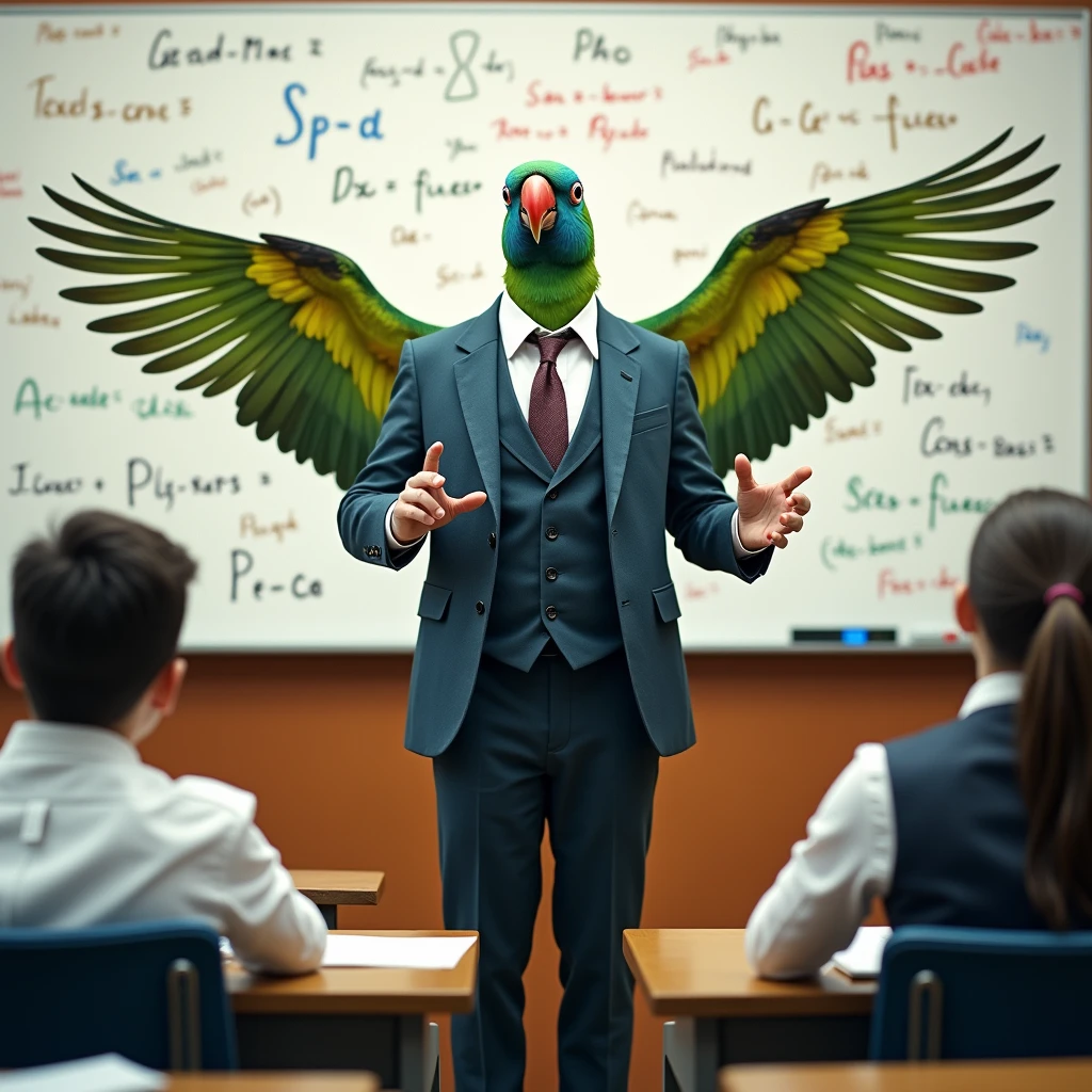 A parrot, the parrot is the teacher, He's in a suit and tie, his arms are his wings, like Zé carioca, he is a university professor and is in a classroom teaching foolish young humans. On the whiteboard there are several physics formulas. It&#39;s not a macaw, it&#39;s a parrot!