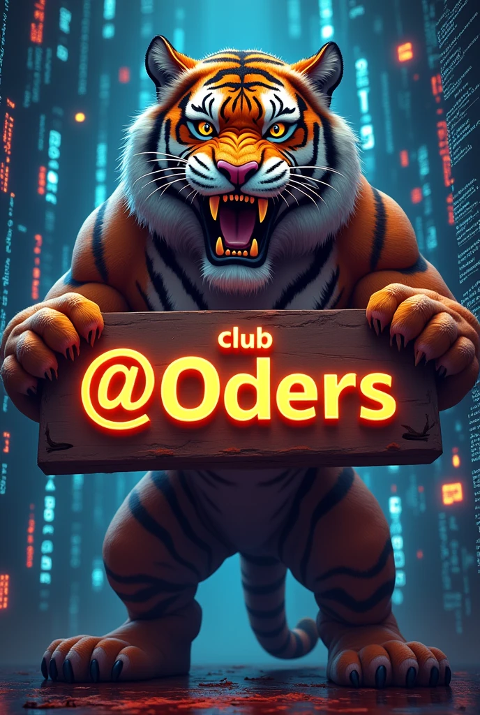 Saber-toothed tiger holding a sign that says "club @C0ders" with a Computer Programming background
