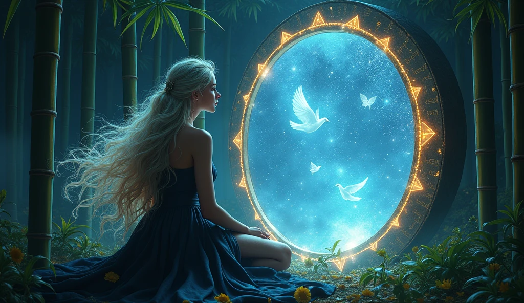 picture of a human sorceress sittings in bamboo forest, opening a large (magical doorway: 1.2), with magical runes on it, looking into the (heavens: 1.3), fantasy art, RPG art, an epic beautiful human woman (best details, Masterpiece, best quality), ultra detailed face (best details, Masterpiece, best quality), dynamic hair color, dynamic hair style, dynamic eyes color, dynamic dress (best details, Masterpiece, best quality), bamboo, the magical doorway opens into the heavens and you can see angels flying, glowing arcane sigils GlowingRunes_paleblue, fantasy bamboo forest at night, moon light, moon rays, stars, Ultra-high resolution, High Contrast, (masterpiece:1.5), highest quality, Best aesthetics), 16K fantasy art, best details, best quality, highres, (ultra wide angle: 1.2), 16k, [ultra detailed], masterpiece, best quality, (extremely detailed), Cinematic Hollywood Film