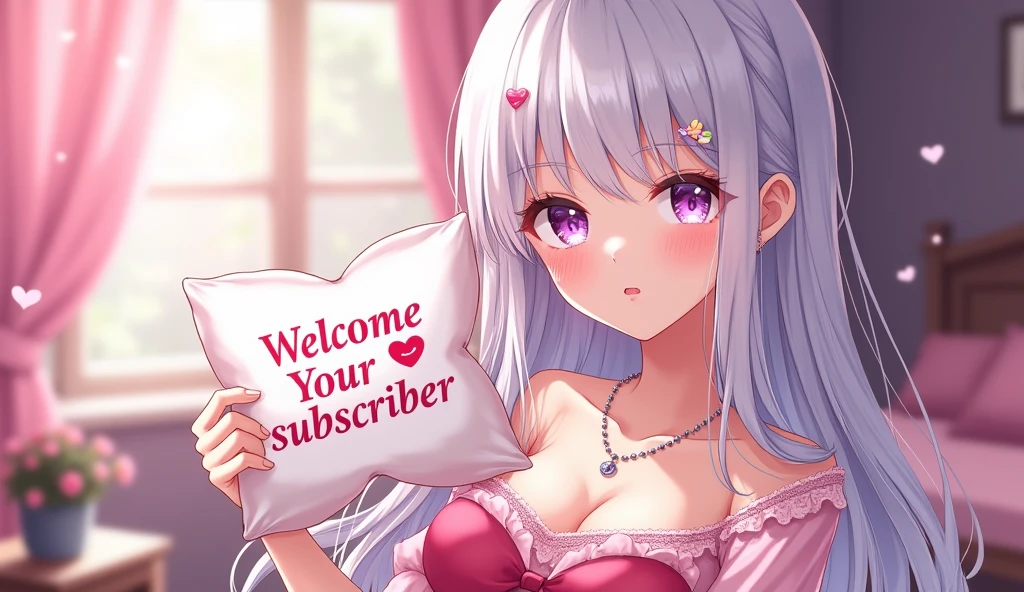 (best quality, ultra-detailed, photorealistic: 1.39), bright and vibrant colors, studio lighting, romantic expression, An effeminate girl, with a delicate and beautiful face. She is a girl who reflects seductive beauty, sparkling eyes, a charming woman with her flowing white hair, her large breasts seductive, wearing a lace blouse with a necklace, her sparkling purple eyes match her beautiful smile, she holds a poster in the shape of a pillow with a welcome message to subscribers, heart emoji and kisses in the welcome message, beautiful room as a backdrop, anime style, Anime Bishoujo