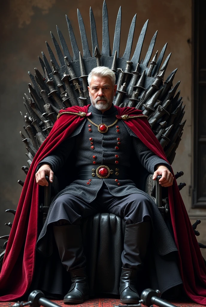 A handsome middle aged thick muscular Targaryen King with short small platinum blonde hair and trimmed white Beard, he's wearing a royal black cotton outfit with scarlet details and Dark red cloak, he's wearing a Black thick iron Crown with red rubies, He's sitting on the massive iron throne with steps surrounded by melted swords.