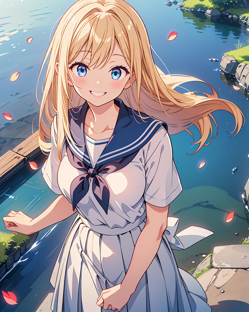 Highest quality, 32K, High resolution, masterpiece:1.5, A cute Japanese, Cute anime-style illustration, Rich emotional expression, An exceptionally beautiful face, , Perfect Human Anatomy, Big light blue eyes, Motherhood and generosity, Deep Love, Wake up, Expressing emotions, Have a rich imagination, Cute Japan, Perfect Human Anatomy, Magical big eyes, Motherhood and generosity, Deep Love, ((A mischievous smile:1.6)), Shiny Blonde, Super long straight silk hair swaying in the wind, Asymmetrical bangs, Hair between the eyes, Transparent, soft white skin, Sharp eyebrows, Thin lashes, Natural Makeup, Cheek highlighter, Detailed and cute lips, (Short-sleeved sailor uniform:1.3), ((Navy blue pleated skirt:1.1)), Slim figure with ample , Beautifully detailed skies, ((Vibrant petal effect:1.2)), mysterious