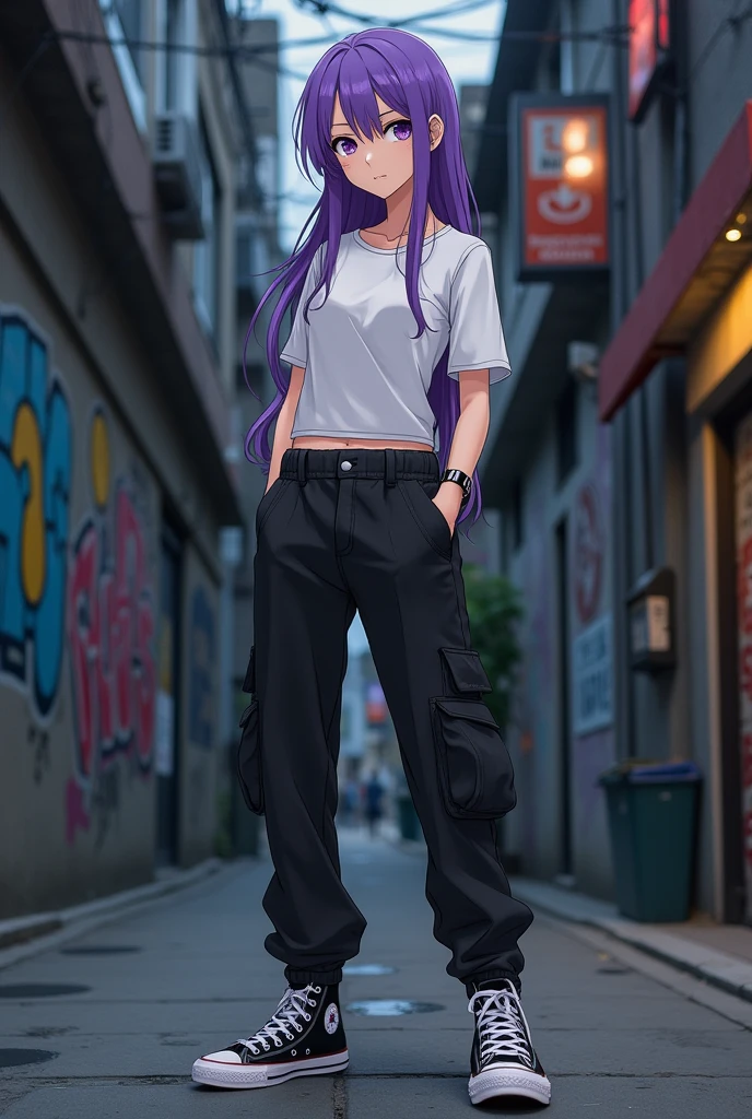 To create the image of the girl with these characteristics, I will describe the scene in detail:

A young woman with features inspired by the characters from Tokyo Revengers. she has purple hair, a stylish cut that falls a little over the face, with piercing violet eyes. His gaze is intense, with a slight reddish tint around the eyes, suggesting anger or contained emotion. She is wearing black cargo pants that give a modern and casual touch., a simple white top that contrasts with your skin, and put on a pair of classic All Stars. Her pose is confident, reflecting strength and determination, in an urban environment that reinforces the anime aesthetic.

long hair