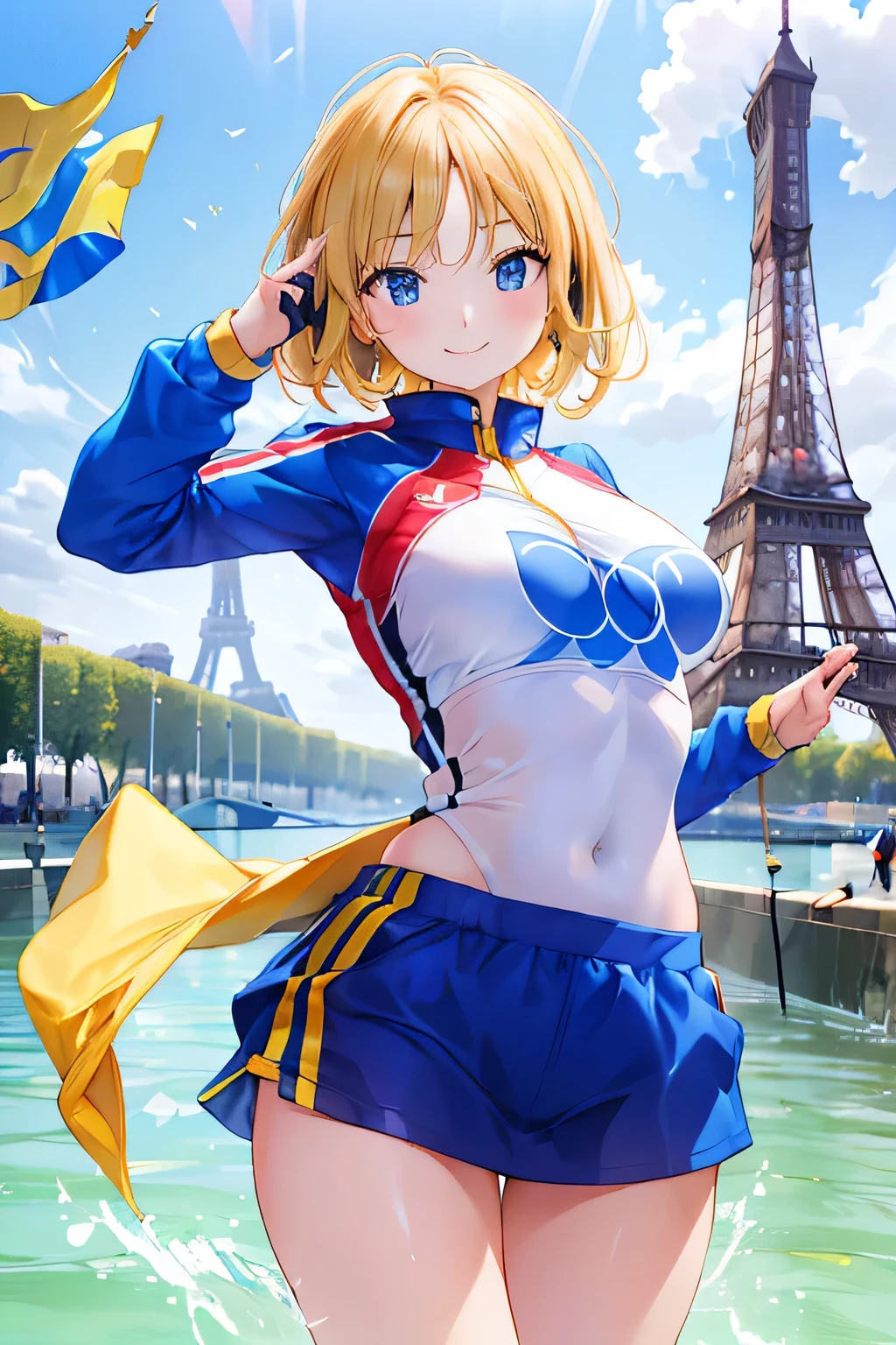 (((Ukrainian flag-themed costume:1.3))),(),(((smile:1.3))),(((Women behind the Paris Olympics:1.3))),(((International flags flying in the streets of Paris))),(((Eiffel Tower in the background))),(((The Seine in the background))),masterpiece,Highest quality,Ultra-high resolution output images,Write Boundary Depth,Intricate details,Add depth to your subject with contrast between light and shadow,Anatomically correct facial structure),(Picture Mode Ultra HD,)
