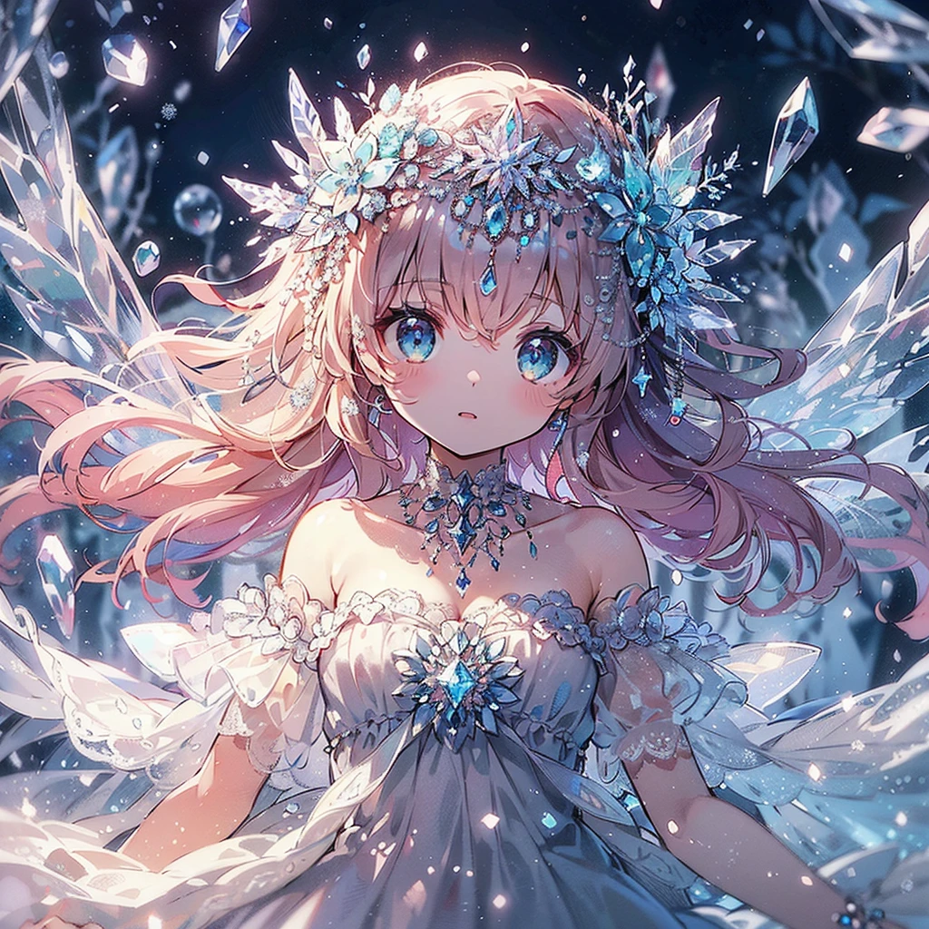 (Exquisite, beautiful, Very detailed, masterpiece, high quality, High resolution),(Soft and thin lines: 1.2, Beautiful and delicate face, Pixiv-inspired anime illustration,Illustration style printed on nijijourney, A cute illustration style of a beautiful girl in pastel colors that is going viral among Japanese people on Twitter),Shot from a distance so that the whole body is visible, (In the dark, freezing cold scenery, an ice fairy princess with diamond fairy wings growing from her back is floating in the air, her hands wrapped in white cold air and ice magic, and she is using beautiful ice magic.),Frozen surface, flowers, and trees,Ice crystals, (Ice tiara, earrings, necklace, and Mond bracelet,Diamond Rings,), ((A gorgeous ball gown dress with lots of frills inspired by ice and snow.:1.1, Balloon sleeves, Diamonds and ribbons and lace and frills, Beautiful diamond fairy wings from the back:1.5)), (Cold-hearted,A cool look,Pale pink, plump lips,Fair skin, Transparent eyes,Large Bust,Good style),snow,Ice crystals