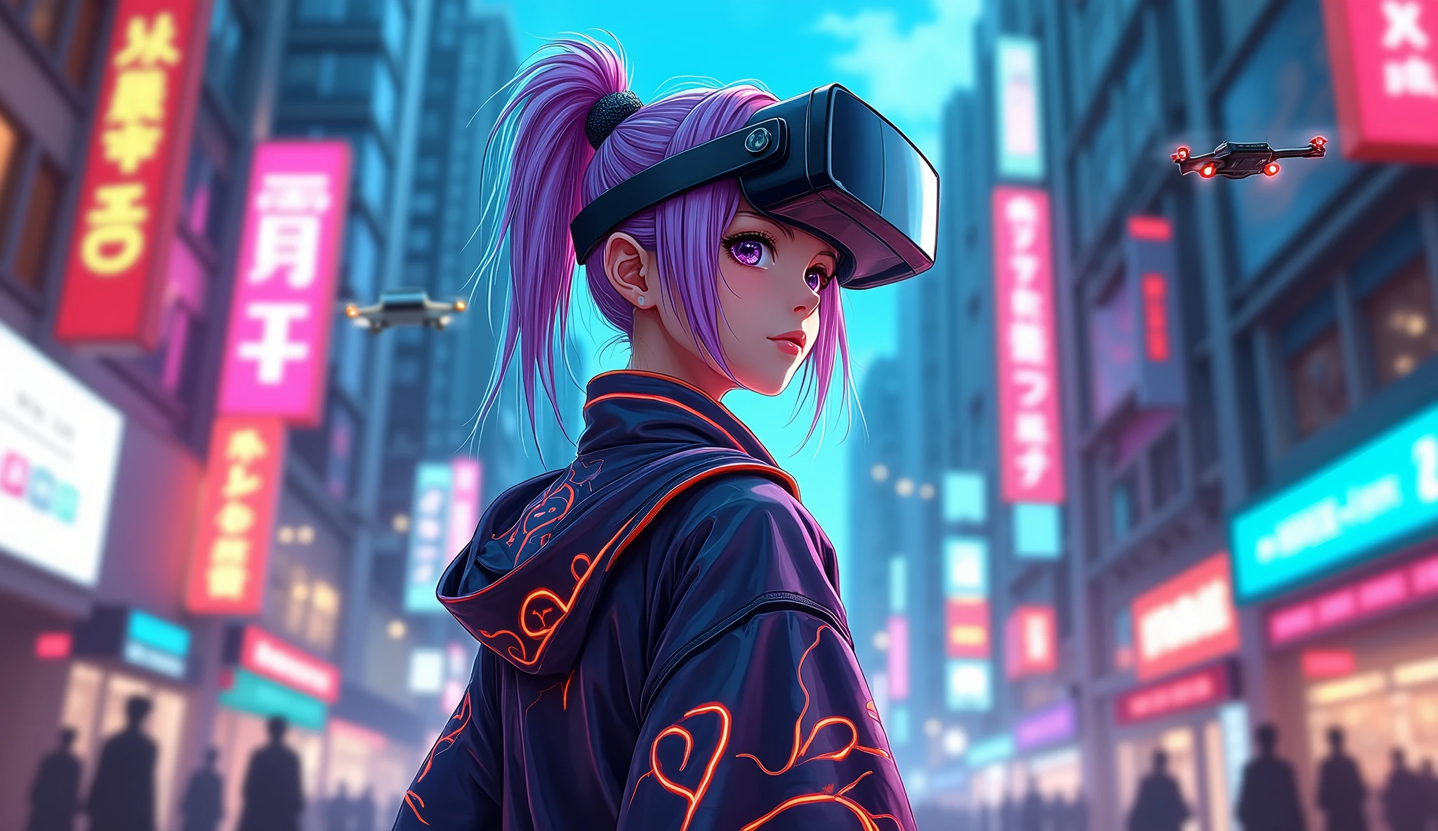 cyberpunk background, girl wears vr, flying drone, anime style, oriental elements, clear lines, high sharpness, best quality, very detailed, masterpiece, movie light effect, 4k