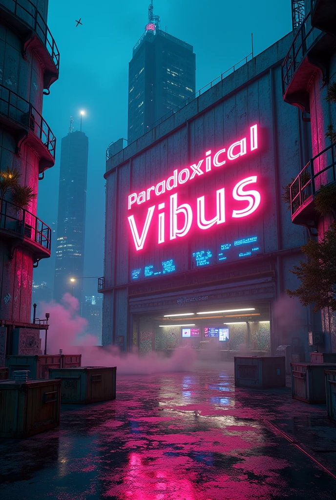 Make an cyberpunk store house and The store house will have paradoxical vibus written on it. also this picture should in night. And picture should be Length 9 Width 16