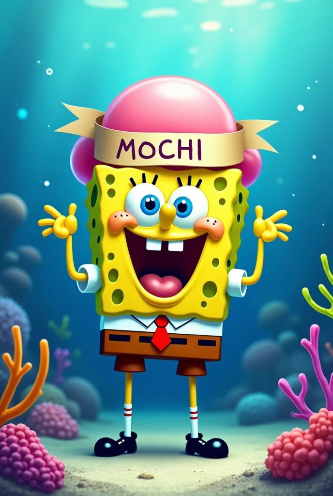 Spongebob with a very big head, a GIANT SPONGEBOB head with an even bigger head, about to explode, inflated, that says mochi on the forehead