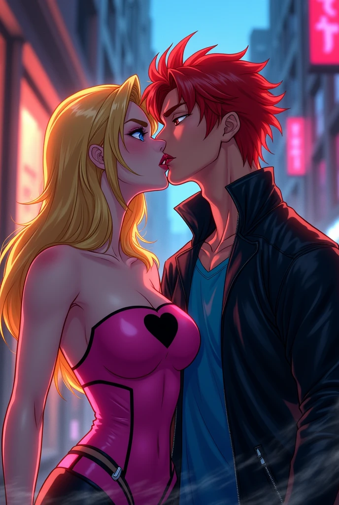 Anime style Evil supervillainess with blonde hair and sapphire eyes, wearing a pink tube top with a black heart on it. She is kissing a hero with red hair, wearing a black leather jacket over a blue shirt. and taking over his mind.