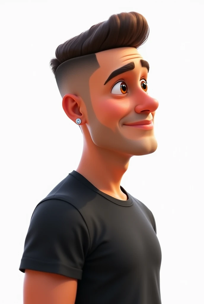 create a pixar-style 3d image with a clean white background of a 33 year old man , beardless white to brown skin , Brown eyes , Short barber style haircut with small round earrings in the ear and a black t-shirt looking half-profile to the right with an expression