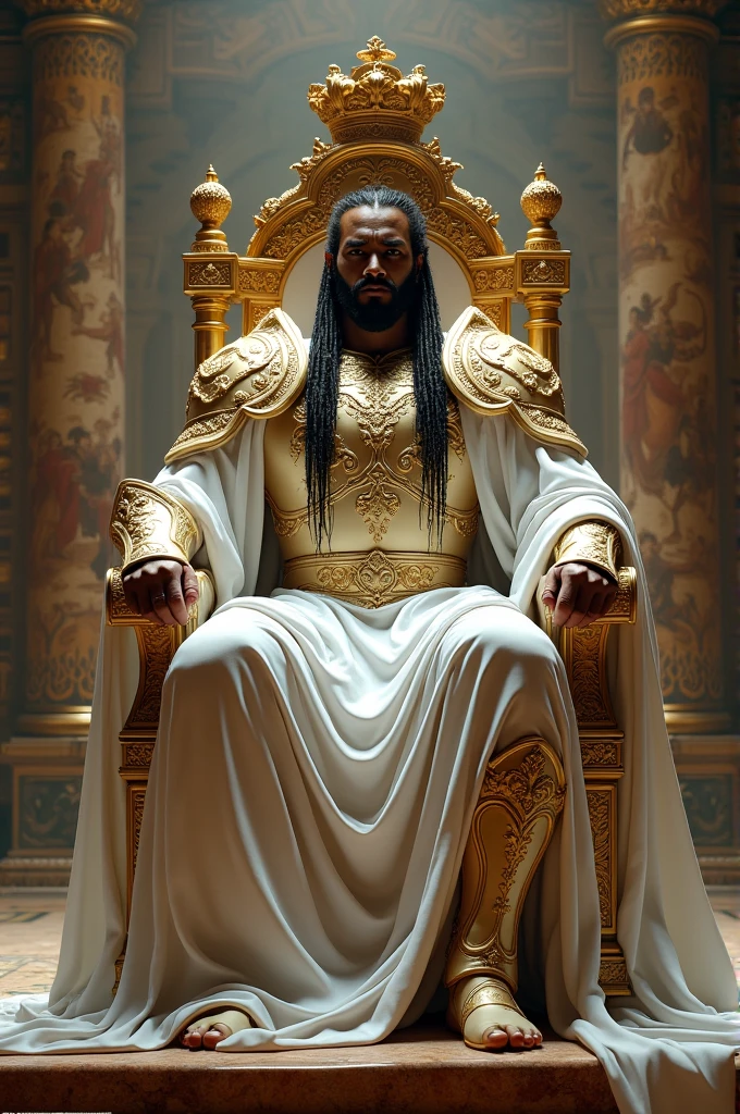 Generate a image of a very strong being on a large throne in White and gold armour with his braids rolling down his chest 