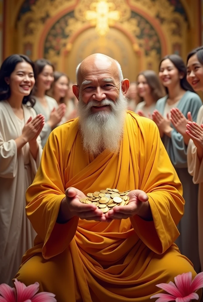 Innocent happy smiling rich old saint buddha giving money from both hands royal background and giving his wealth to me blessings and he also giving me white cloths pink flowers and women girl to me