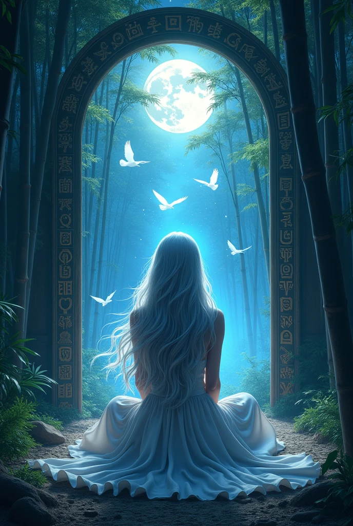  picture of a human sorceress sittings in (bamboo forest: 1.3), opening a large magical doorway, with magical runes on it, looking into the (heavens: 1.3), fantasy art, RPG art, an epic beautiful human woman (best details, Masterpiece, best quality), ultra detailed face (best details, Masterpiece, best quality), dynamic hair color, dynamic hair style, dynamic eyes color, dynamic dress (best details, Masterpiece, best quality), bamboo, the magical doorway opens into the heavens and you can see angels flying, glowing arcane sigils GlowingRunes_paleblue, fantasy bamboo forest at night, moon light, moon rays, stars, Ultra-high resolution, High Contrast, (masterpiece:1.5), highest quality, Best aesthetics), 16K fantasy art, best details, best quality, highres, (ultra wide angle: 1.2), 16k, [ultra detailed], masterpiece, best quality, (extremely detailed), Cinematic Hollywood Film