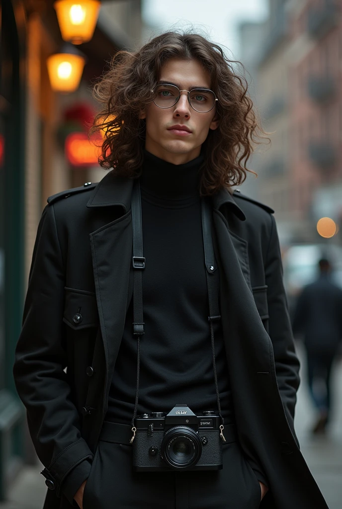 (photorealism:1.2), dark boy, long hair with curls, dimples, sexy smile, High school boy with muscular build, a camera hanging from his neck and half-moon lenses, brown hair and green eyes. unreal beauty. Wear a black turtleneck sweatshirt, black trench coat and black dress pants, like an expensive watch and elegant rings.  WEAR HALF MOON LENSES. THAT SHE IS SMILING SEXY AND THE DIMPLES ARE FALLING ASLEEP ON HER CHEEK.
