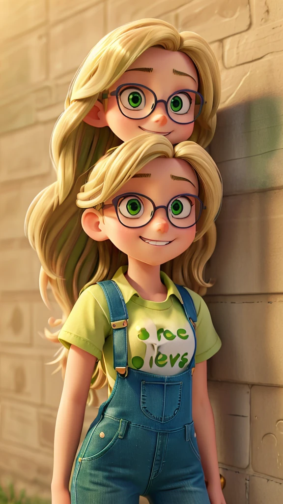 Blonde girl with long wavy hair, green eyes, braces on her teeth, wearing denim overalls and a green t-shirt, she wears glasses and is leaning against a wall